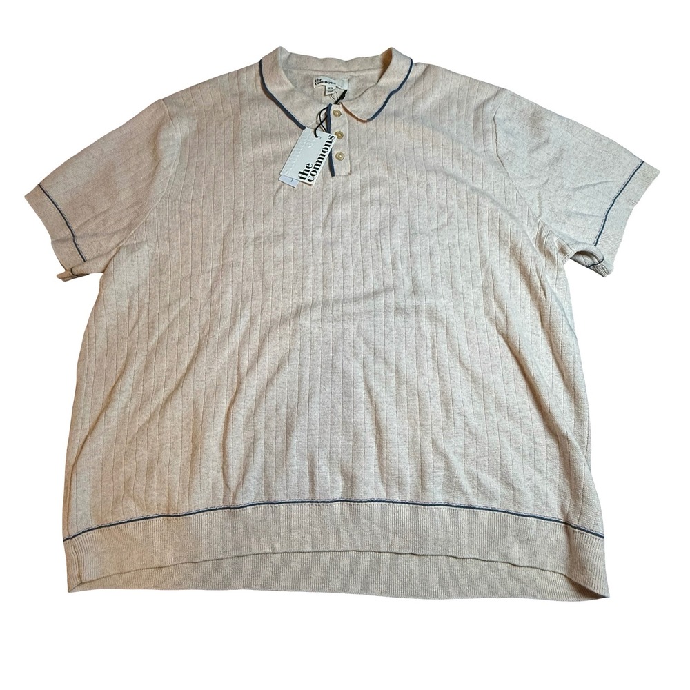 The Commons Mens XXL Off White Ribbed Knit Short Sleeve Polo Shirt USA Made NEW